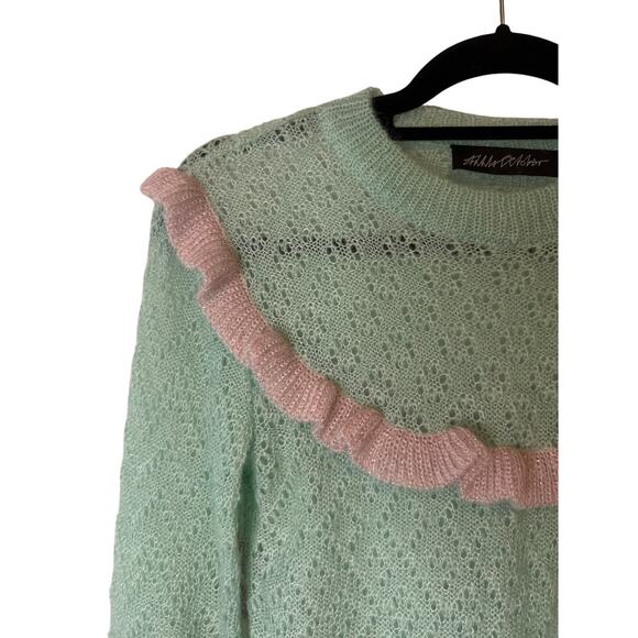 RARE Anna October Mint Green Pink Ruffle Wool Blend Sweater Size Small - Picture 6 of 11